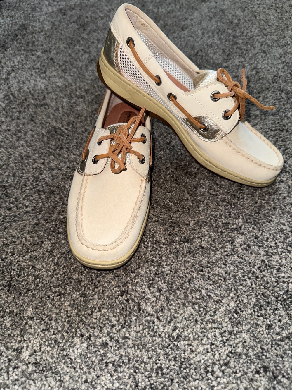 Sperry Cream and Metallic Silver Boat Shoes with Tan Laces